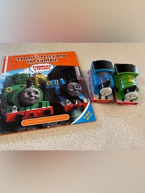 (2/$50) Thomas & Friends Green & Blue Percy and Thomas Toy Trains with Storybook